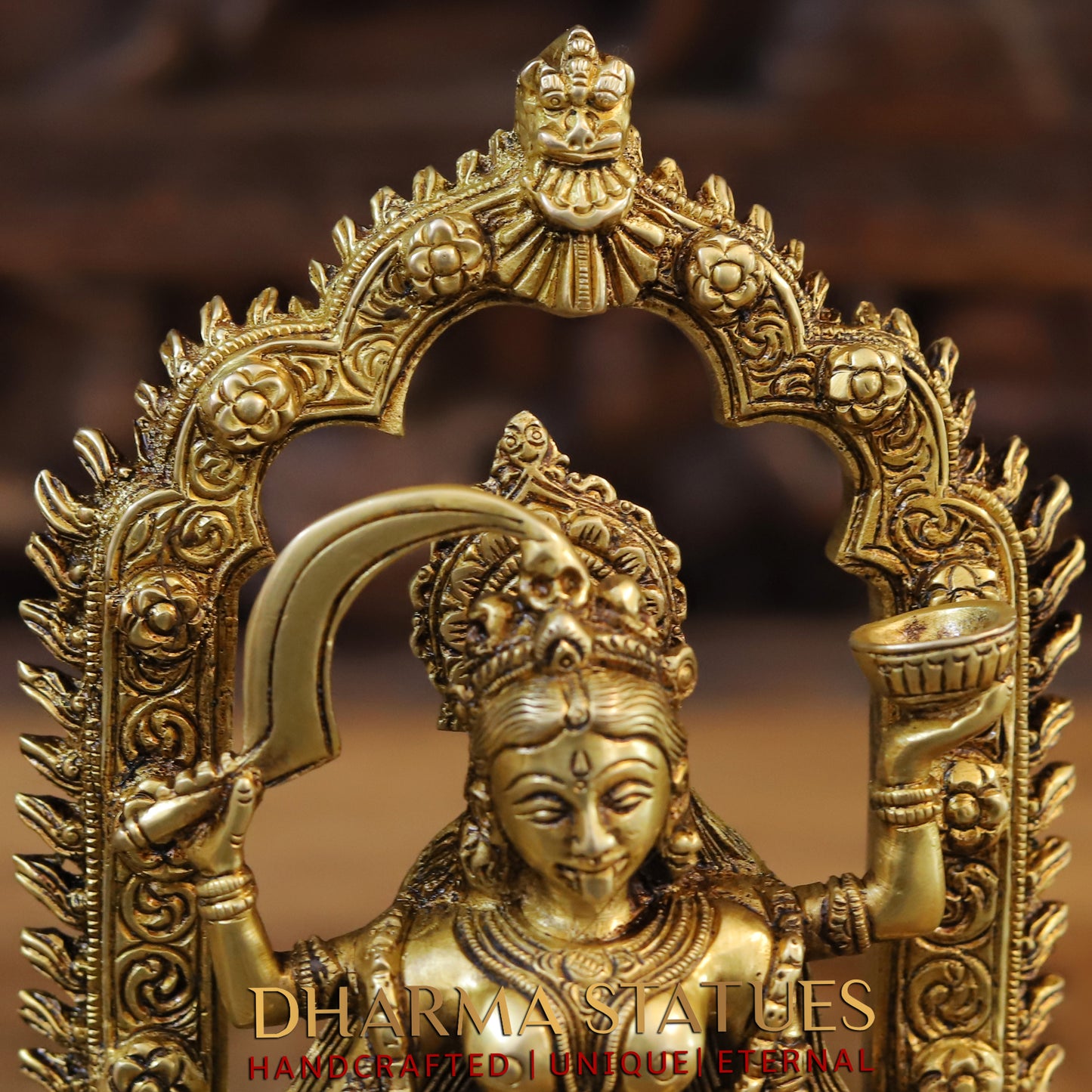Brass Kali Statue with Kirtimukha, Fine Golden Finish, 10.5"