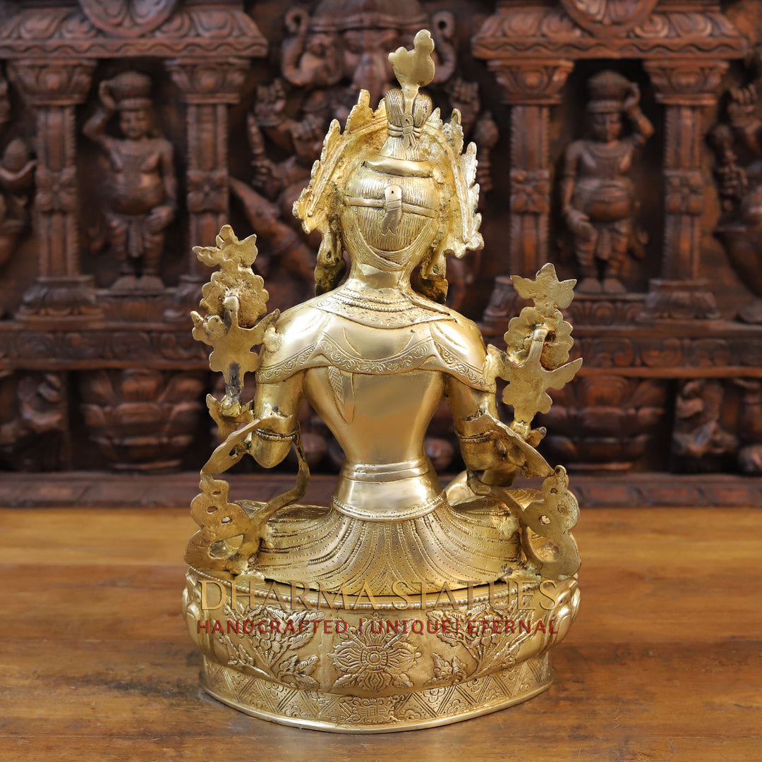 Brass Tara Statue, Seated on a Base, Fine Golden Finish 19" back view