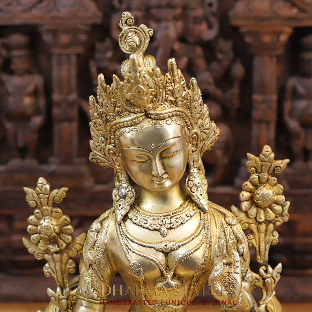 Brass Tara Statue, Seated on a Pedastal, Fine Golden Finish 19"