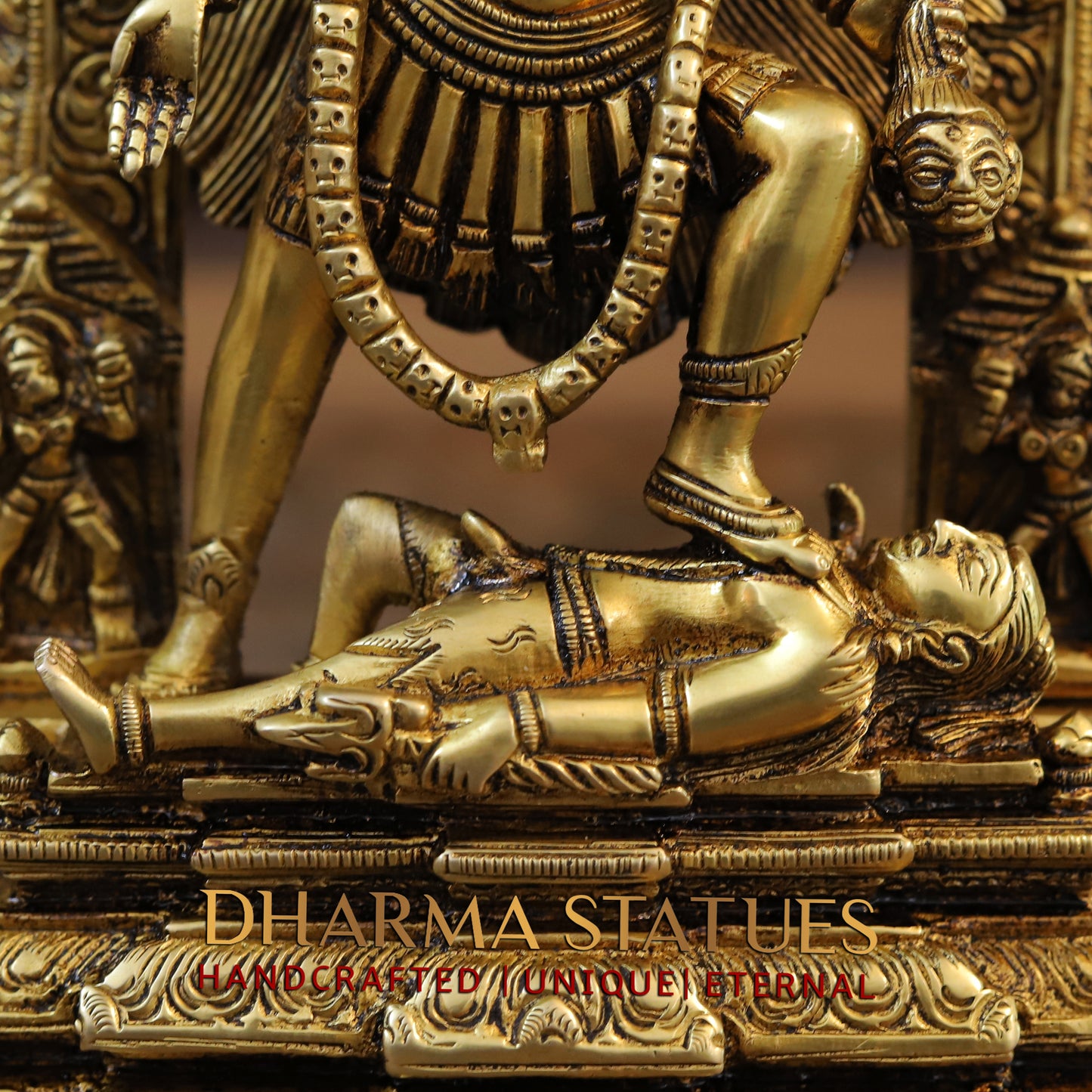 Brass Kali Statue with Kirtimukha, Fine Golden Finish, 10.5"