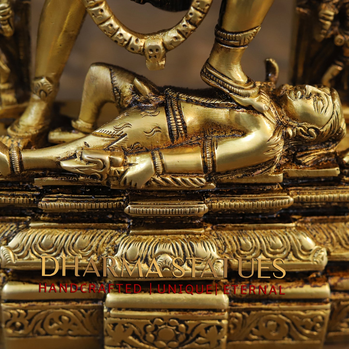 Brass Kali Statue with Kirtimukha, Fine Golden Finish, 10.5"