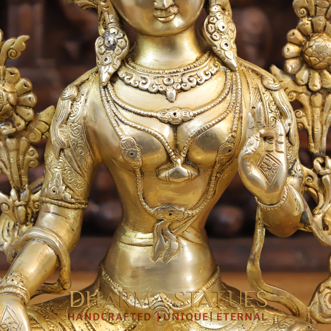 Brass Tara Statue, Seated on a Pedastal, Fine Golden Finish 19"