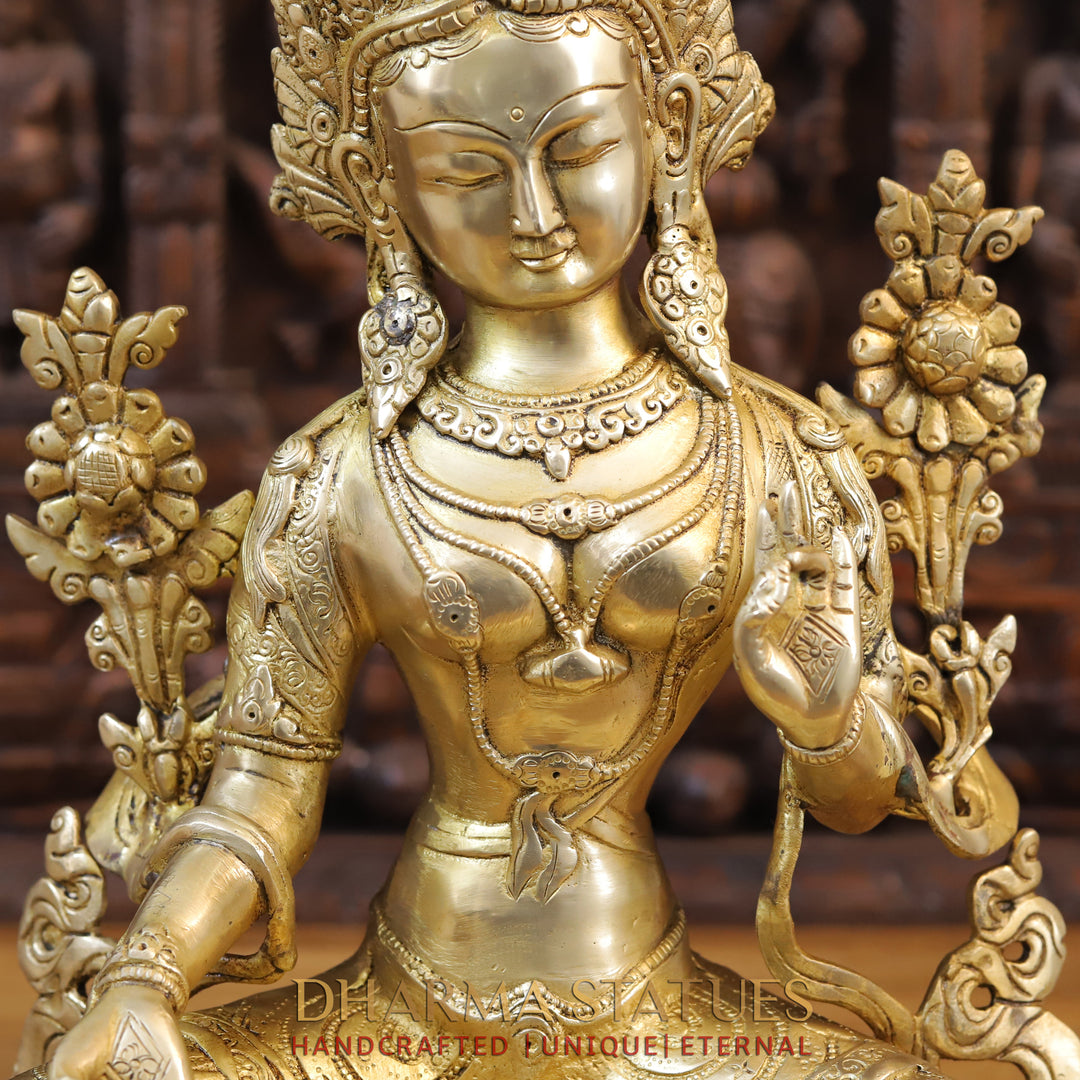 Brass Tara Statue, Seated on a Pedastal, Fine Golden Finish 19"