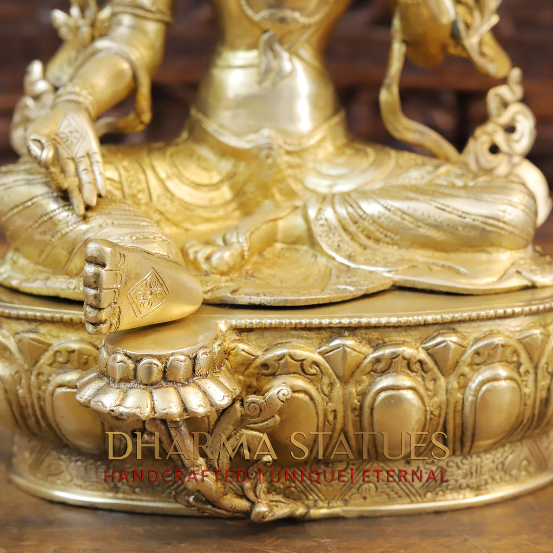 Brass Tara Statue, Seated on a Pedastal, Fine Golden Finish 19"