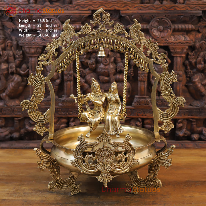 Brass Radha Krishna Urli, Radha and Krishna Swinging, Fine Golden Work 23.5" front view