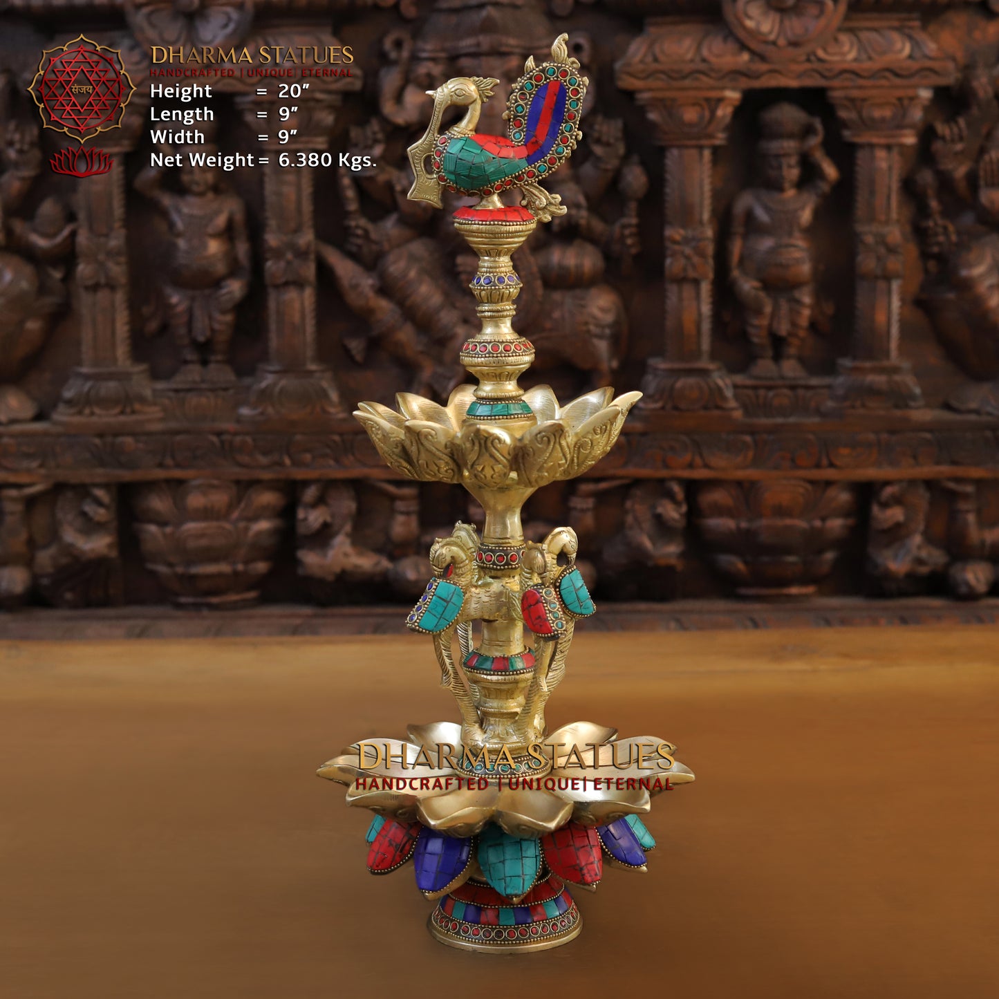 Brass Peacock Oil Lamp, Golden & Stonework, 20"