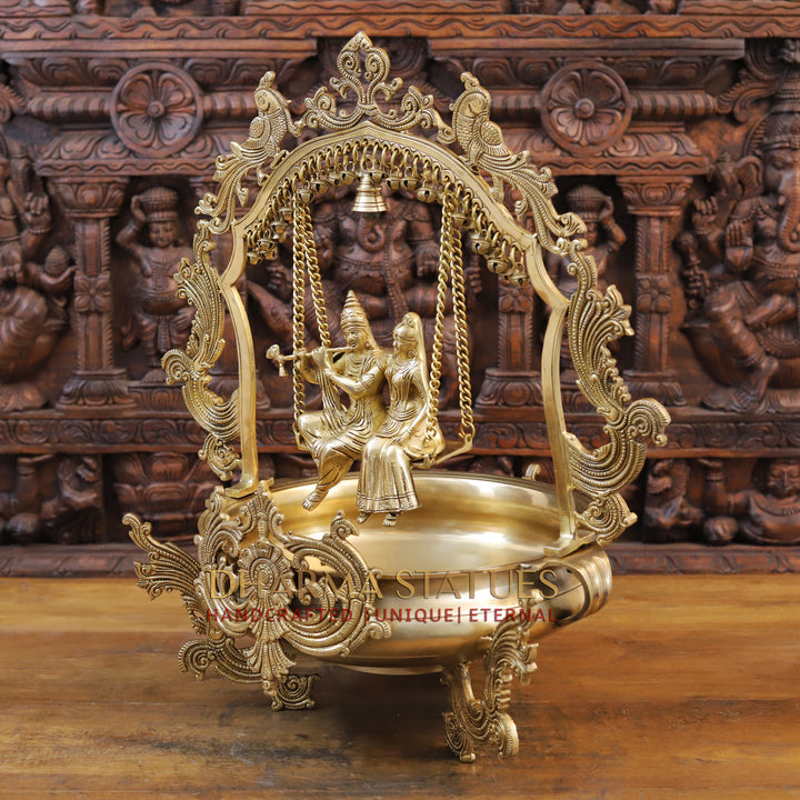 Brass Radha Krishna Urli, Radha and Krishna Swinging, Fine Golden Work 23.5" side view