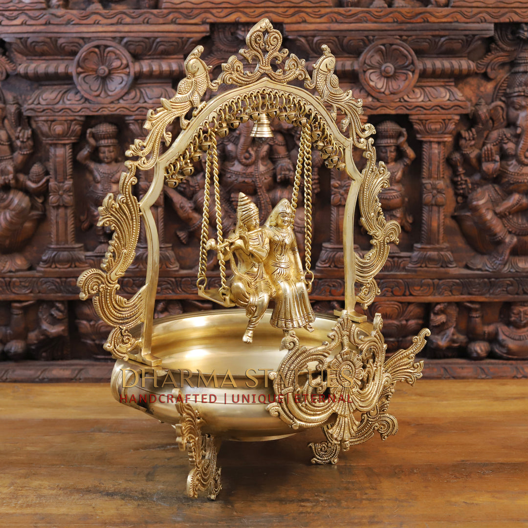 Brass Radha Krishna Urli, Radha and Krishna Swinging, Fine Golden Work 23.5" side view