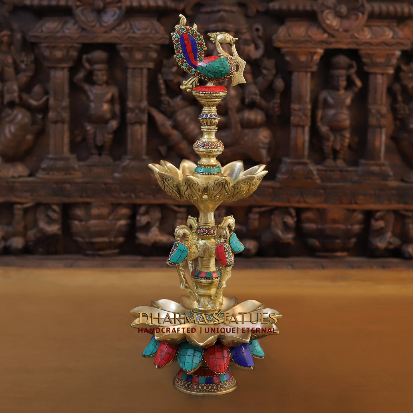 Brass Peacock Oil Lamp, Golden & Stonework, 20"
