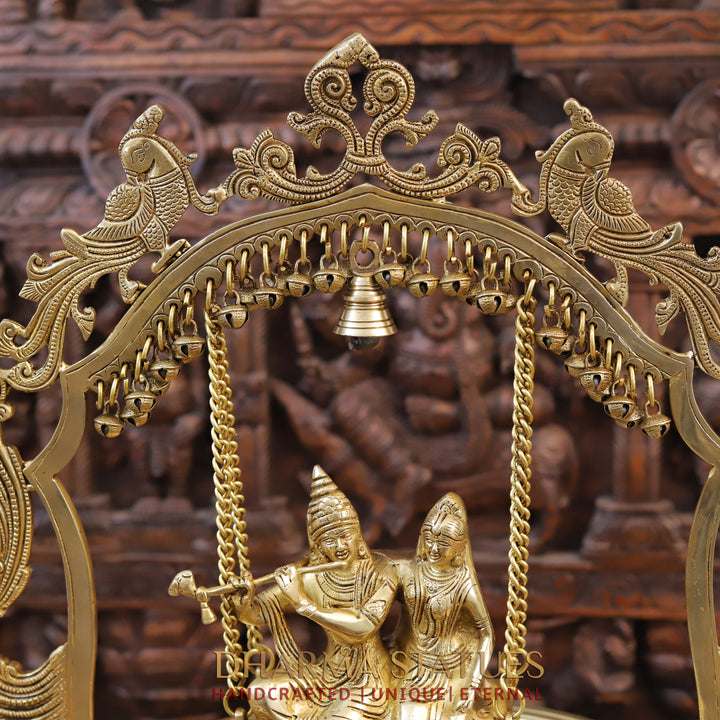 Brass Radha Krishna Urli with Swing, Divine Decorative Piece, Fine Golden Finish, 23.5"