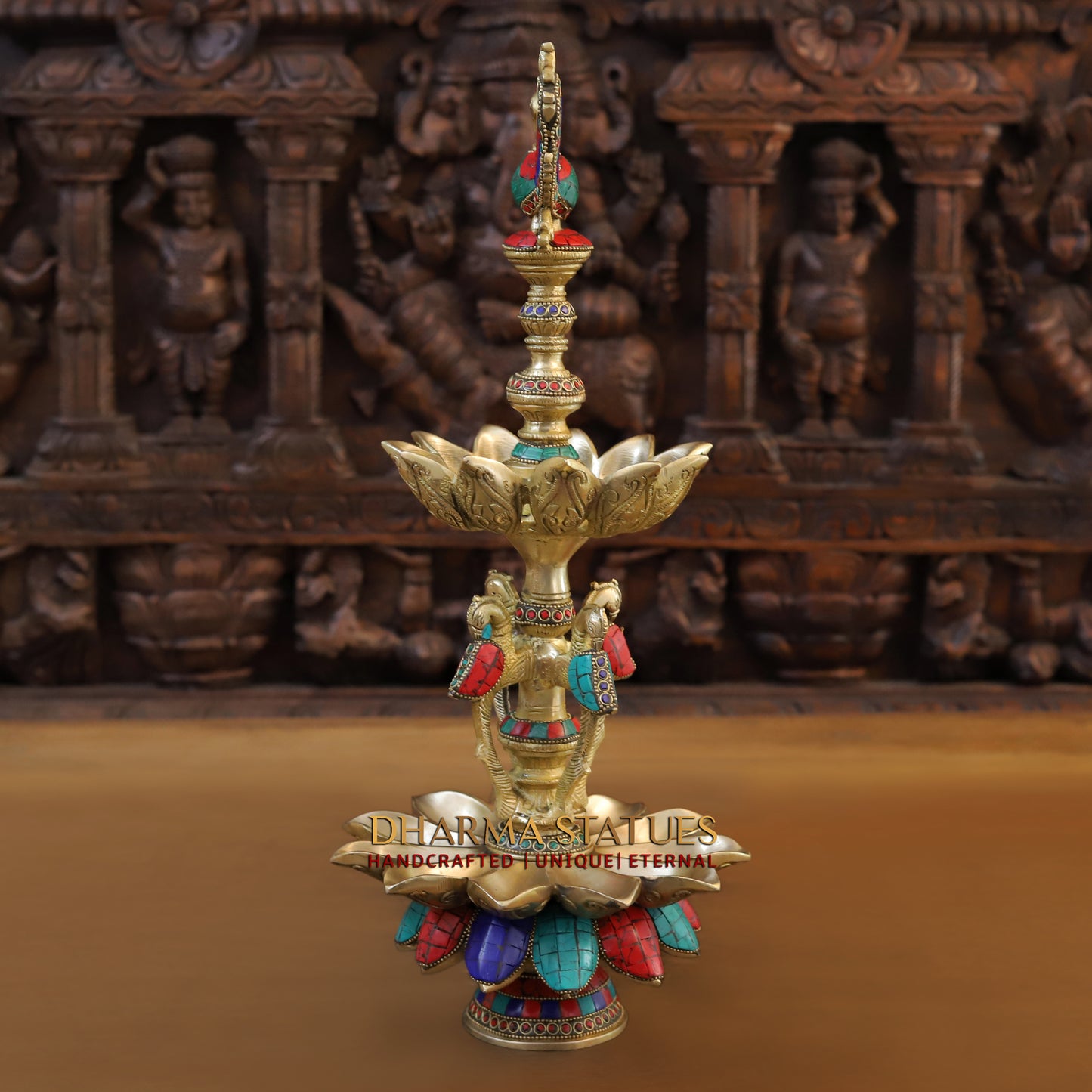 Brass Peacock Oil Lamp, Golden & Stonework, 20"