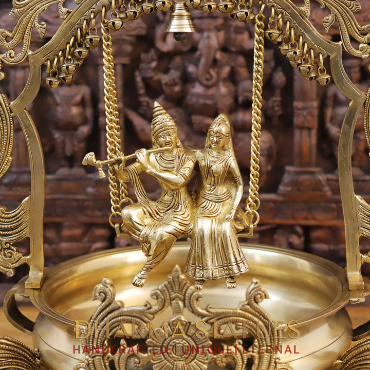 Brass Radha Krishna Urli with Swing, Divine Decorative Piece, Fine Golden Finish, 23.5"