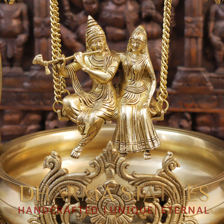 Brass Radha Krishna Urli with Swing, Divine Decorative Piece, Fine Golden Finish, 23.5"