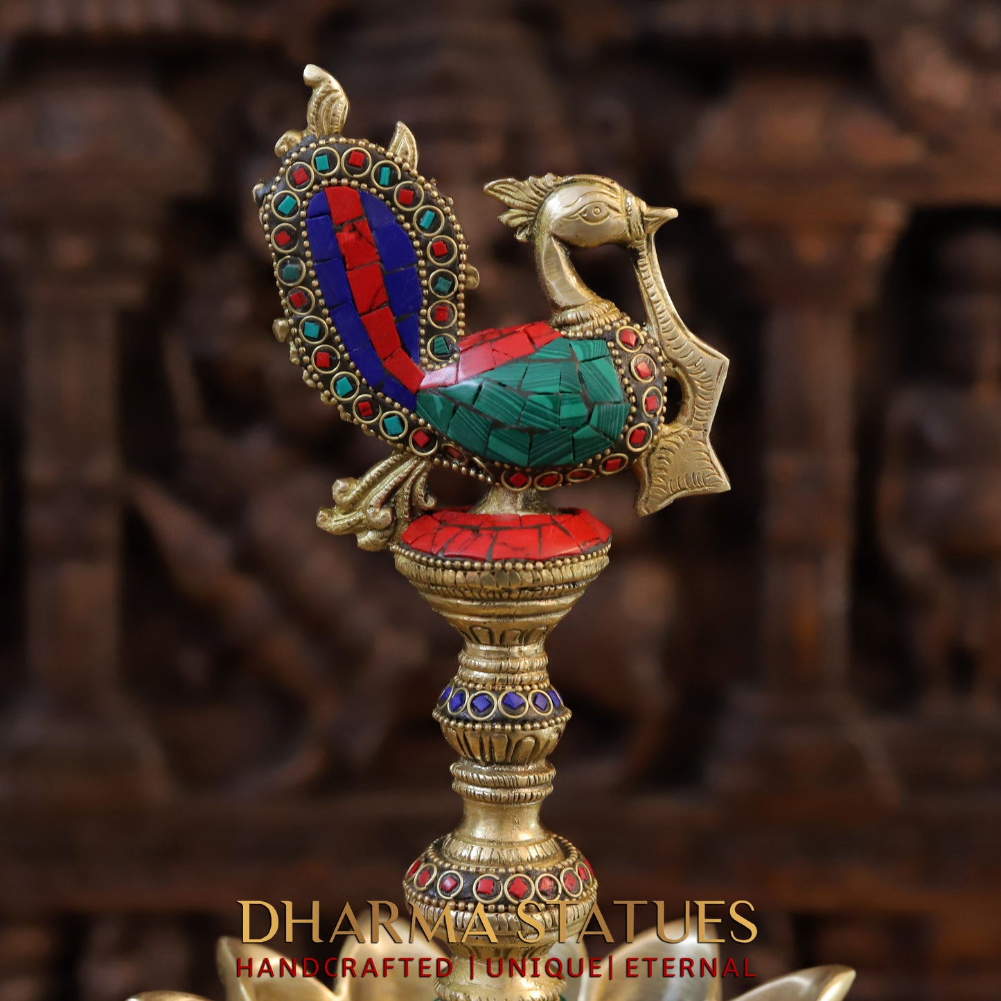 Brass Peacock Oil Lamp, Golden & Stonework, 20"