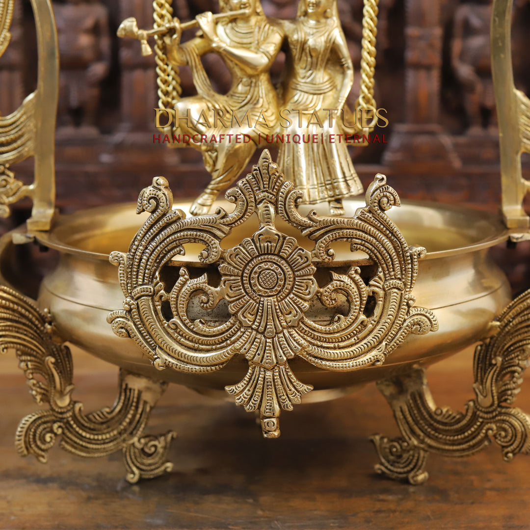 Brass Radha Krishna Urli with Swing, Divine Decorative Piece, Fine Golden Finish, 23.5"