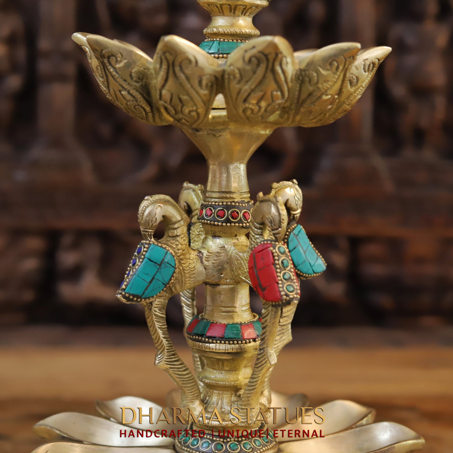 Brass Peacock Oil Lamp, Golden & Stonework, 20"