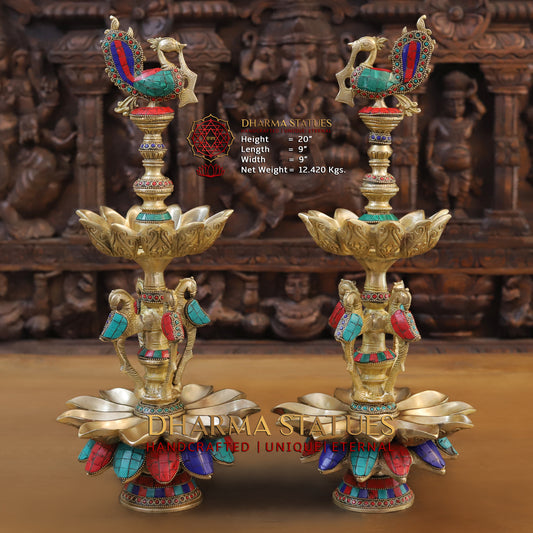 Brass Peacock Oil Lamp, Golden & Stonework, 20"
