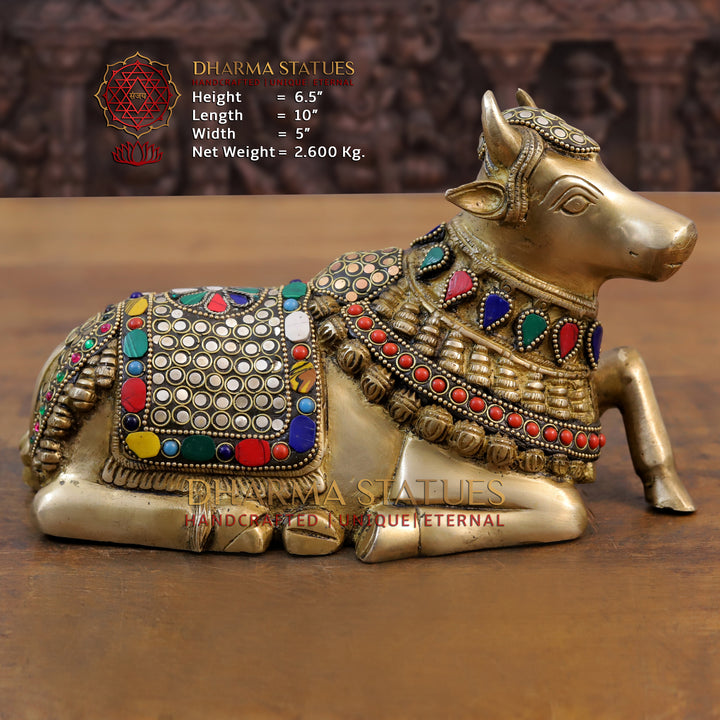 Brass Nandi Idol with Elegant Embellishments, Stone Work 6.5"