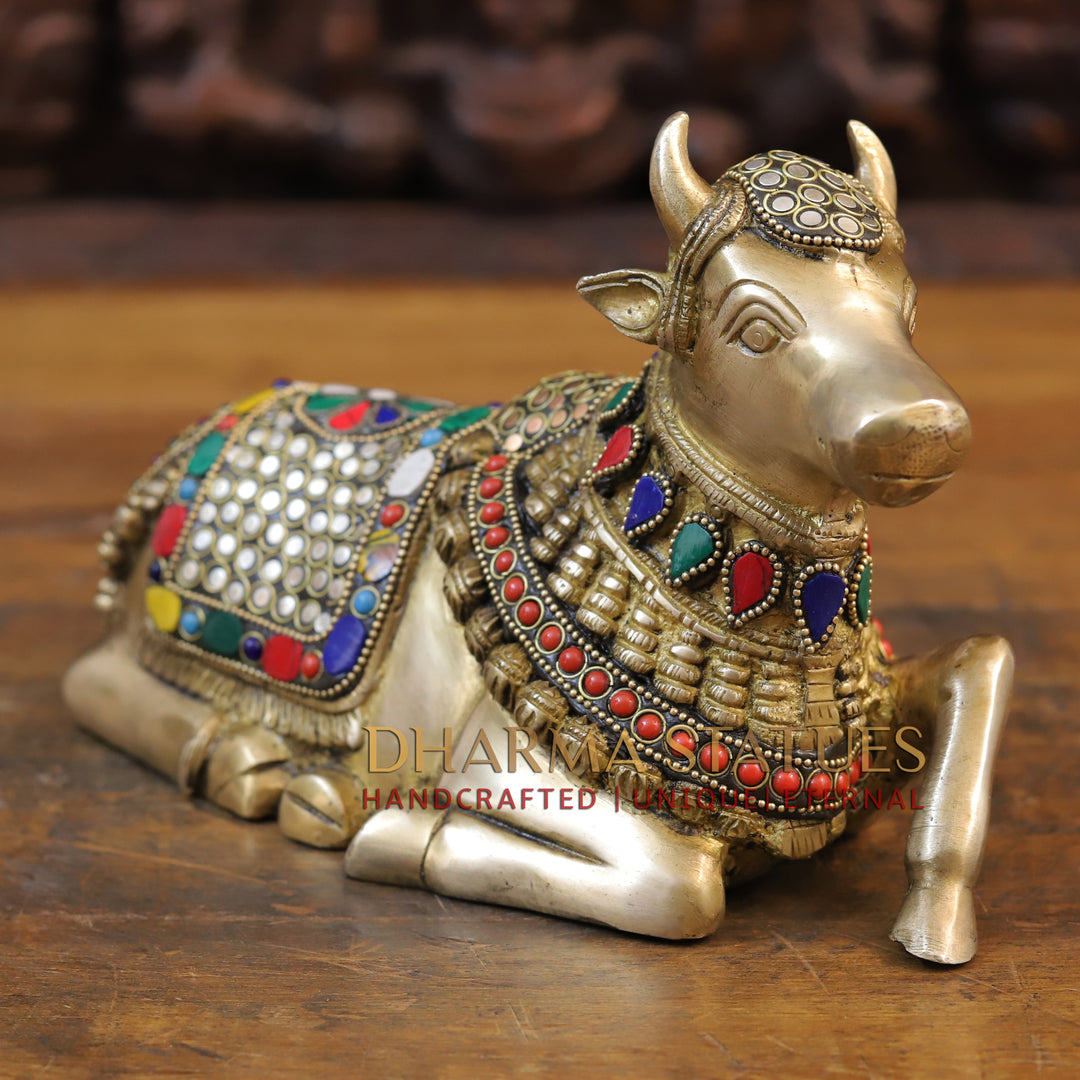 Brass Nandi Idol with Elegant Embellishments, Stone Work 6.5"