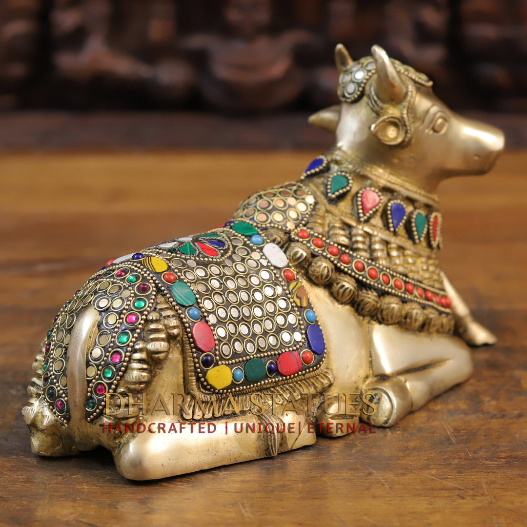 Brass Nandi Idol with Elegant Embellishments, Stone Work 6.5"