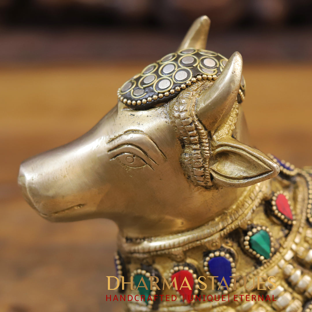 Brass Nandi Idol with Elegant Embellishments, Stone Work 6.5"