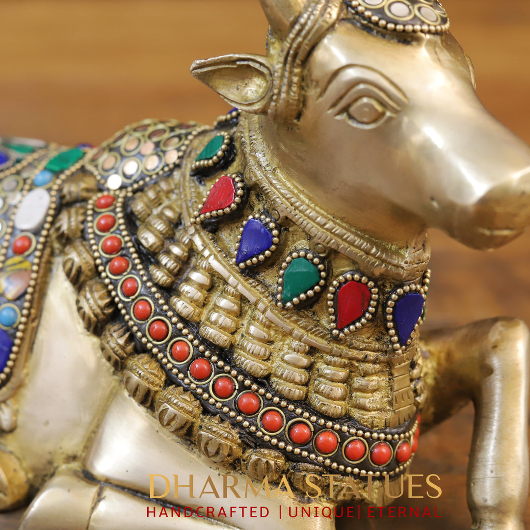 Brass Nandi Idol with Elegant Embellishments, Stone Work 6.5"