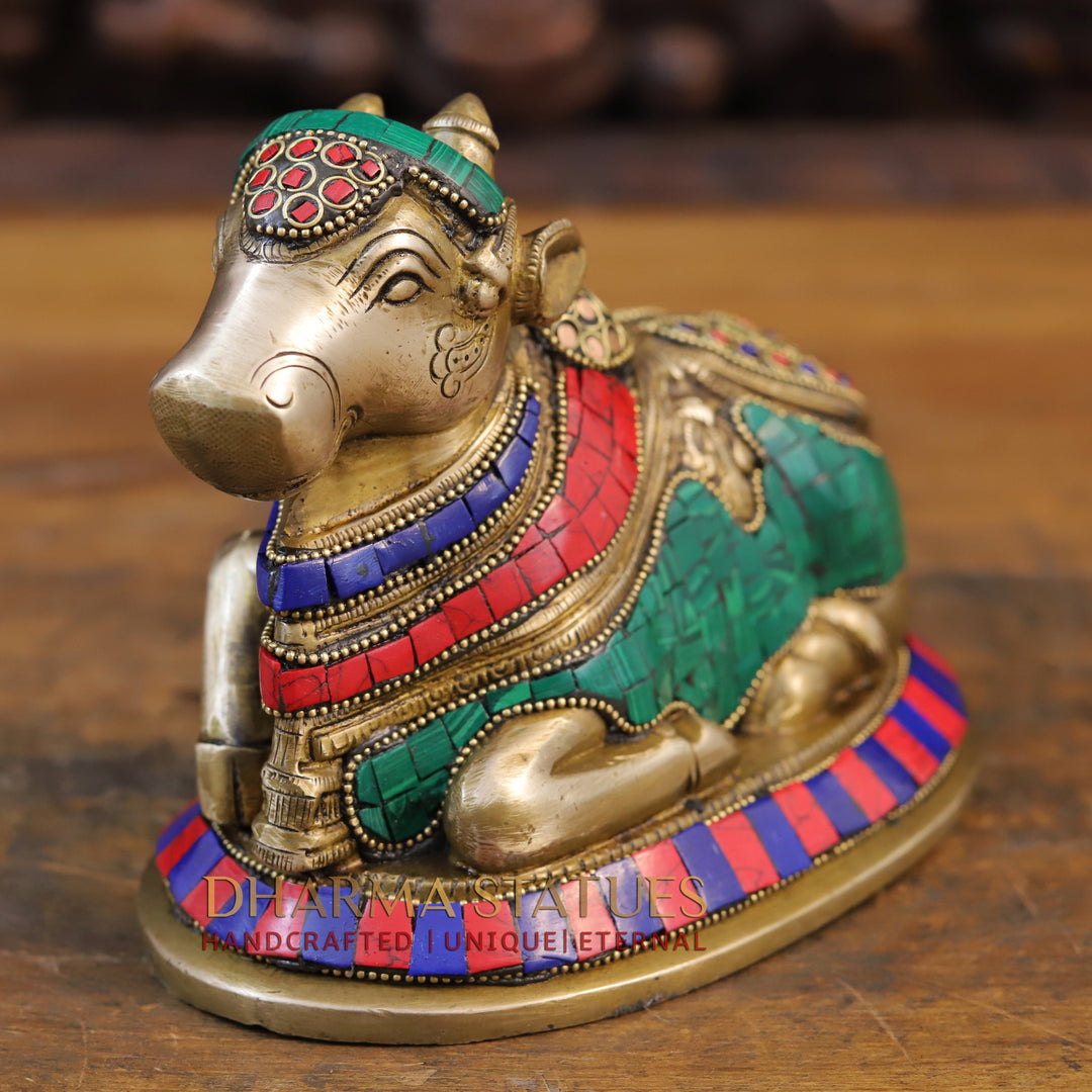 Brass Nandi Idol, Seated, Gold finish with Stone Work, 6"