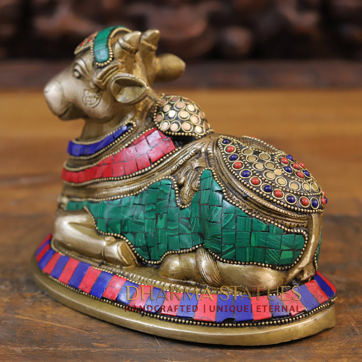 Brass Nandi Idol, Seated, Gold finish with Stone Work, 6"