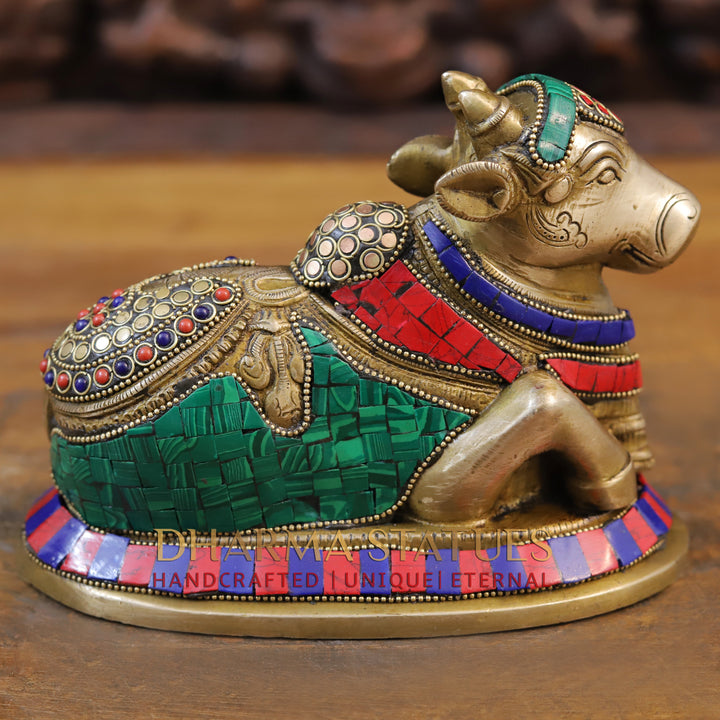 Brass Nandi Idol, Seated, Gold finish with Stone Work, 6"