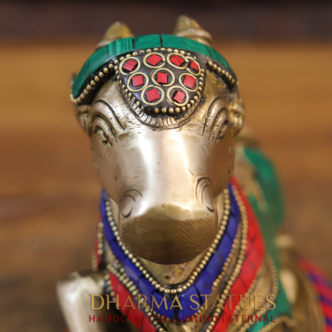 Brass Nandi Idol, Seated, Gold finish with Stone Work, 6"