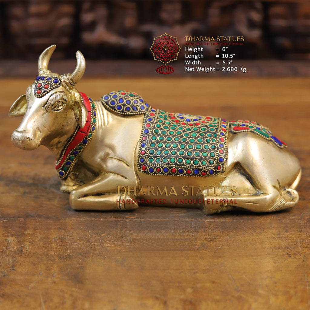 Brass Nandi Statue, The Sacred Bull in Vibrant Splendor, Stone work, 6"