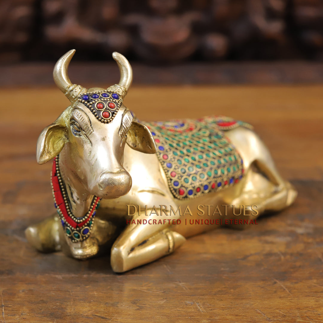 Brass Nandi Statue, The Sacred Bull in Vibrant Splendor, Stone work, 6"