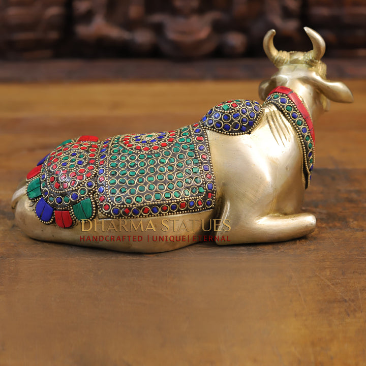 Brass Nandi Statue, The Sacred Bull in Vibrant Splendor, Stone work, 6"