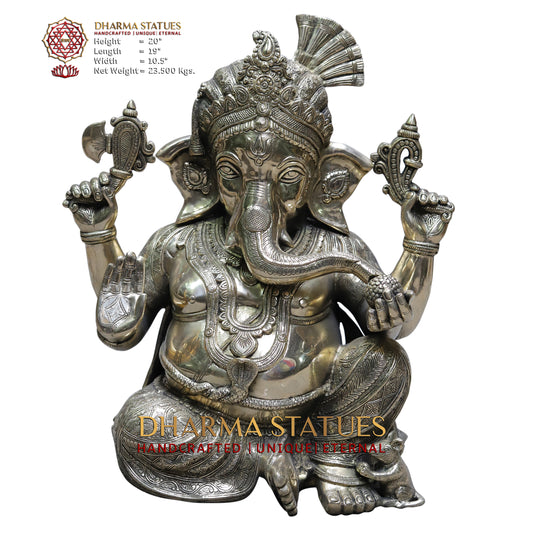 Brass Ganesh Seated, Silver Statue, 20"