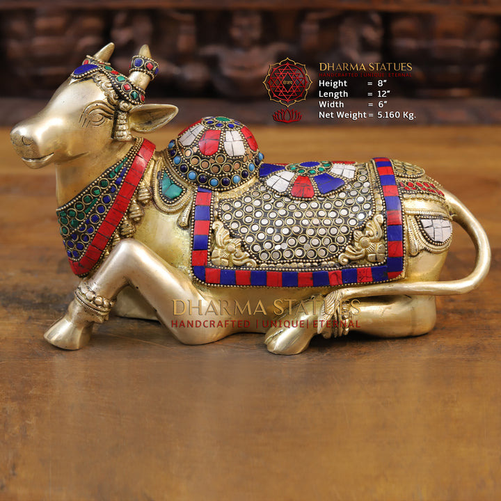 Brass Nandi Sculpture, Seated, Embellished in Divine Hues, Stone Work, 8"