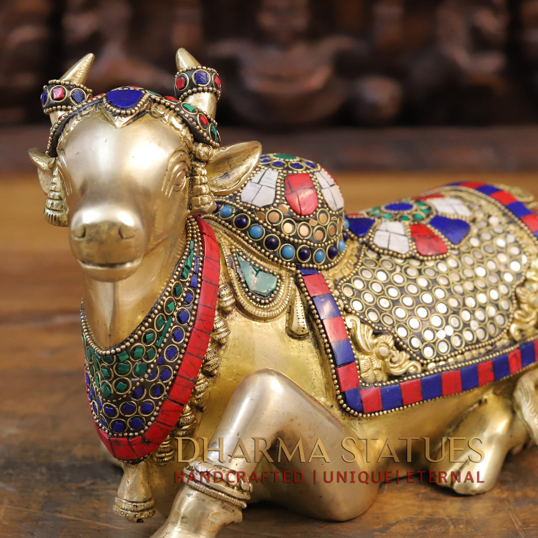 Brass Nandi Sculpture, Seated, Embellished in Divine Hues, Stone Work, 8"