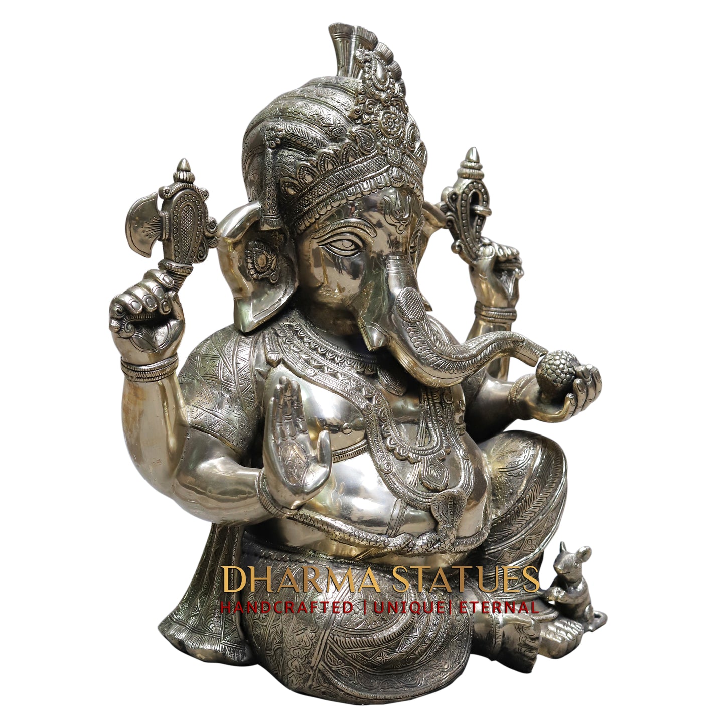 Brass Ganesh Seated, Silver Statue, 20"