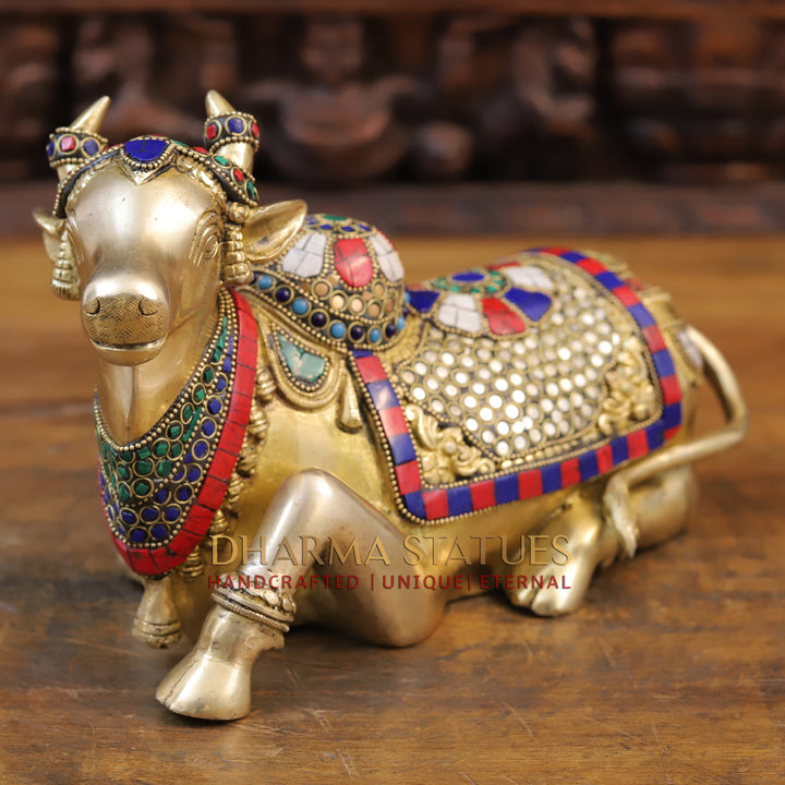 Brass Nandi Sculpture, Seated, Embellished in Divine Hues, Stone Work, 8"