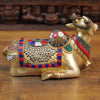 Brass Nandi Sculpture, Seated, Embellished in Divine Hues, Stone Work, 8"