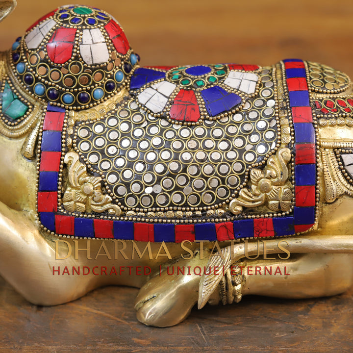 Brass Nandi Sculpture, Seated, Embellished in Divine Hues, Stone Work, 8"