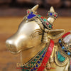 Brass Nandi Sculpture, Seated, Embellished in Divine Hues, Stone Work, 8"