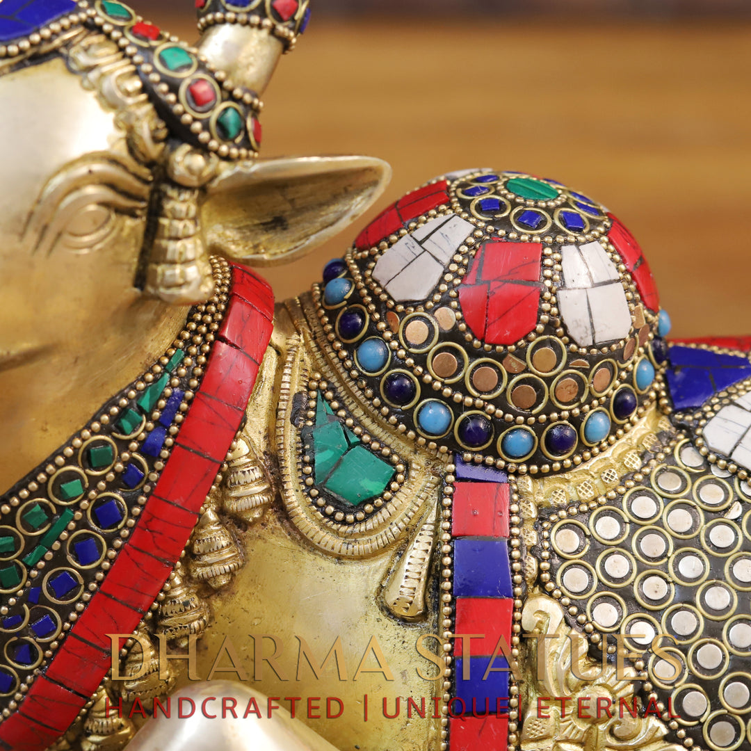 Brass Nandi Sculpture, Seated, Embellished in Divine Hues, Stone Work, 8"