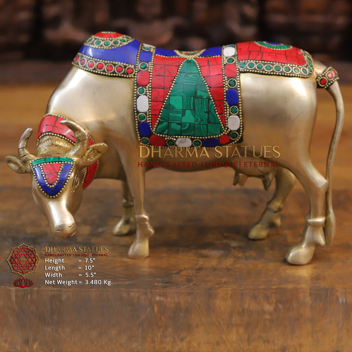 Brass Cow Standing Idol, Fine Golden and Stone work 7.5"