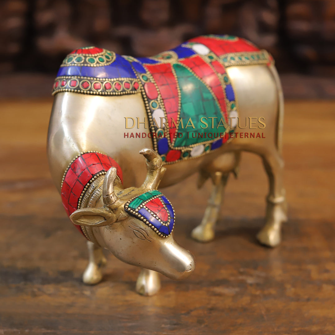 Brass Cow Standing Idol, Fine Golden Finish with Stone work 7.5"