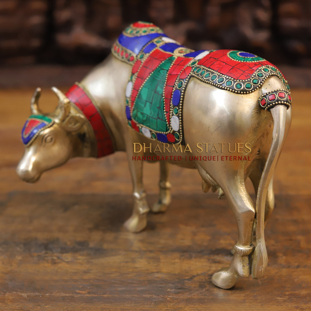 Brass Cow Standing Idol, Fine Golden Finish with Stone work 7.5"