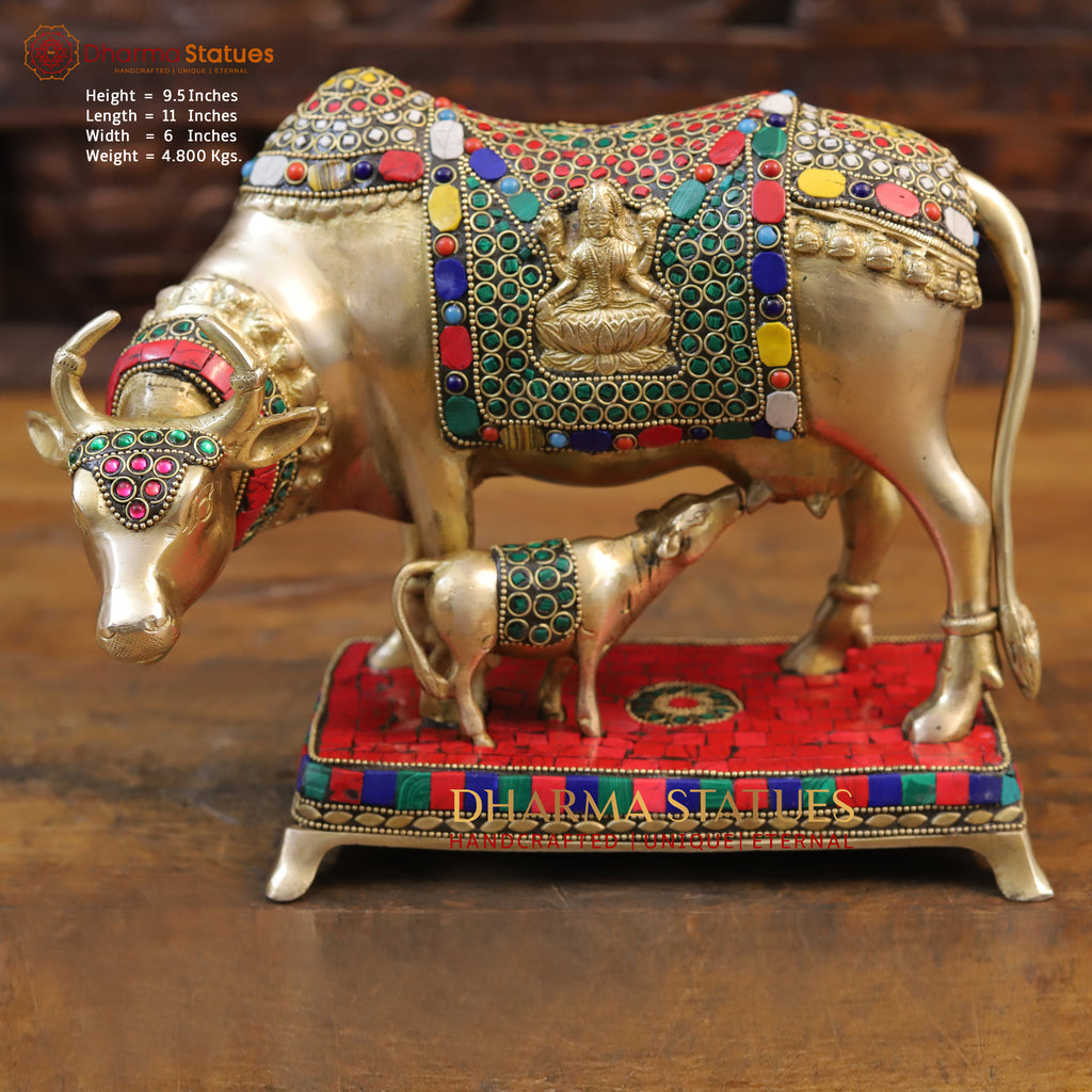 Brass Kamdhenu Cow with Lakshmi's Divine Presence, Golden Finish with Stone work, 9.5"