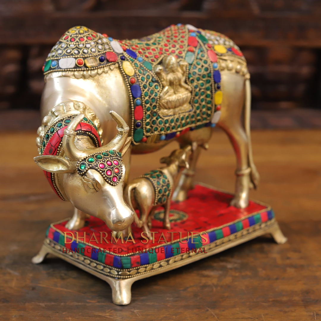 Brass Kamdhenu Cow with Lakshmi's Divine Presence, Golden Finish with Stone work, 9.5"