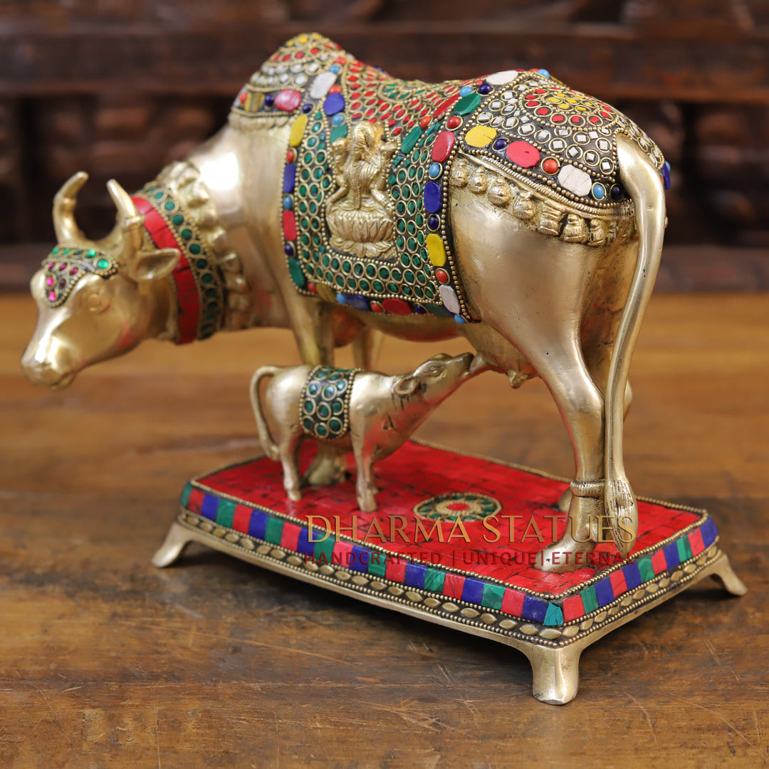 Brass Kamdhenu Cow with Lakshmi's Divine Presence, Golden Finish with Stone work, 9.5"