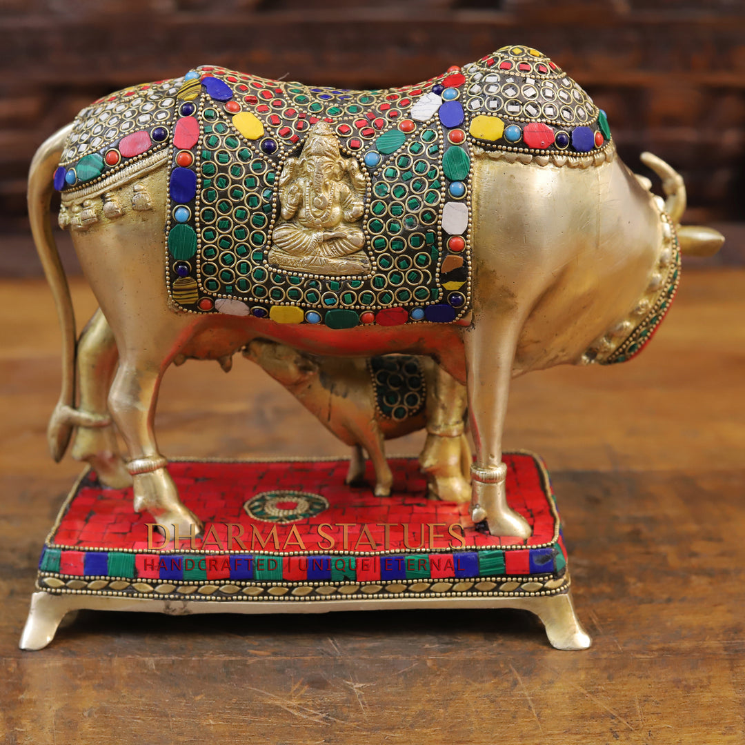 Brass Kamdhenu Cow, Feeding His calf, Golden and Stone work 9.5"