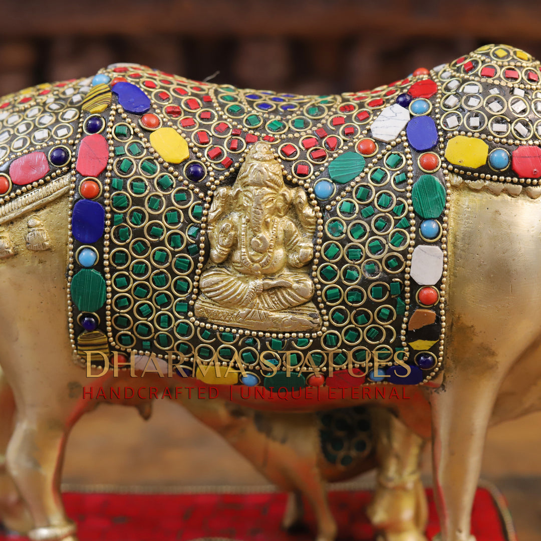 Brass Kamdhenu Cow, Feeding His calf, Golden and Stone work 9.5"